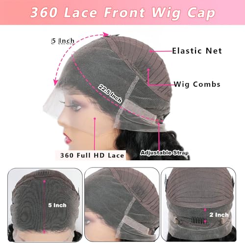 360 Lace Front Wigs Human Hair Body Wave 220 Density HD Lace Front Wigs Pre Plucked Full Lace Wigs For Women Natural Hairline With Baby Hair (24 Inch)