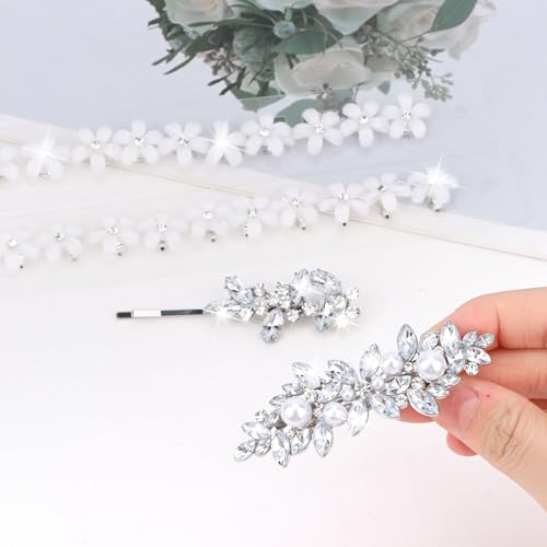 YISSION 22 Pcs Rhinestone Hair Clips Crystal Hair Barrettes with Pearl Silver Hair Clips Decorative Flower Hair Pins Wedding Bridal Rhinestone Hair Accessories for Women Girls (Combination 2)