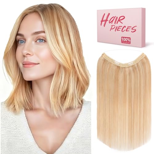 Benehair Halo Blonde Hair Extensions Real Human Hair Halo Extensions for Women 100% Human Hair Invisible Wire Hair Extensions Ash Blonde Highlights Bleach Blonde #18P613 22"