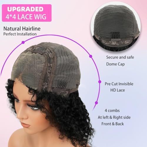 ISWEET HD Glueless Wigs Human Hair Pre Plucked Pre Cut Bob 4x4, 16 Inch Burgundy 210% Density Hairline Curly Bob Wig Human Hair, Wear and Go Deep Wave Lace Front Wigs Human Hair for Black Women