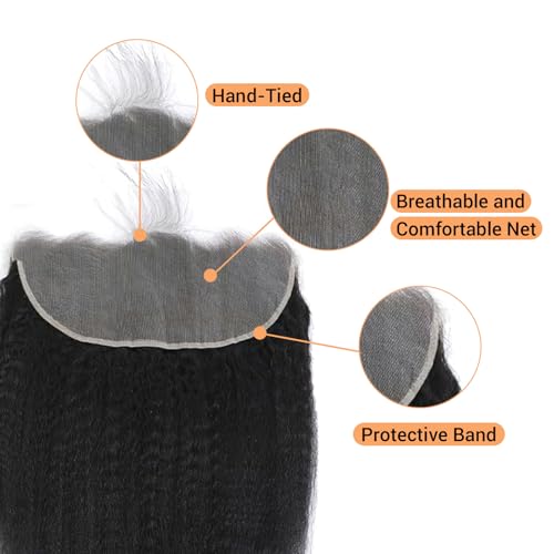 13x6 Lace Frontal Human Hair Kinky Straight 22 Inch HD Transparent Ear to Ear Lace Closure With Baby Hair Free Part 100% Virgin Human Hair Frontal Natural Black