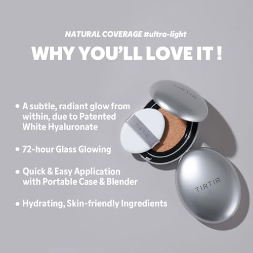 TIRTIR Mask Fit Aura Silver Cushion Foundation | Semi-glow Finish, Natural Coverage, Moisturizing, Lightweight, Korean cushion foundation (#23N Sand, Full Size, 0.63 Fl Oz)