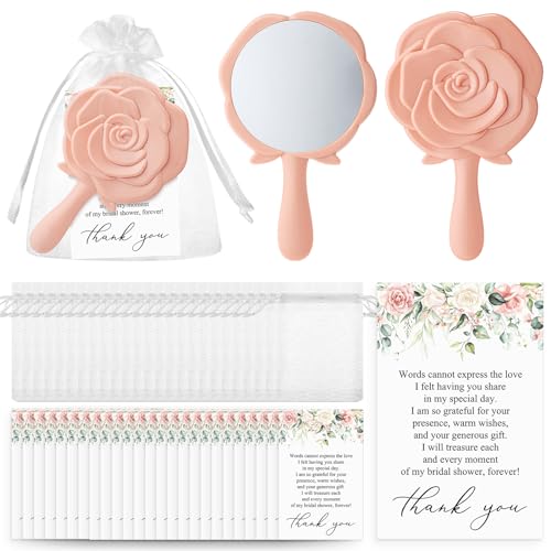 Wenqik 24 Sets Bridal Shower Favors Rose Compact Mirrors Bulk Wedding Favors for Guests Rose Compact Handheld Mirrors with Thank You Cards and Organza Bags Wedding Party Guests Souvenir Gifts (Pink)