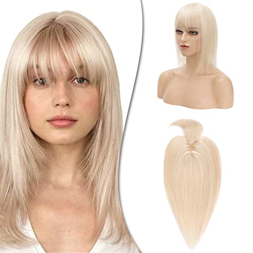 Hairro Clip In Remy Topper Hairpiece With Bangs Human Hair Clip On Toupee Wispy Bangs For Women Middle Part With Hair Loss Thinning Hair Grey Hair 16 Inch 48g #18P613 Ash Blonde Mix Bleach Blonde