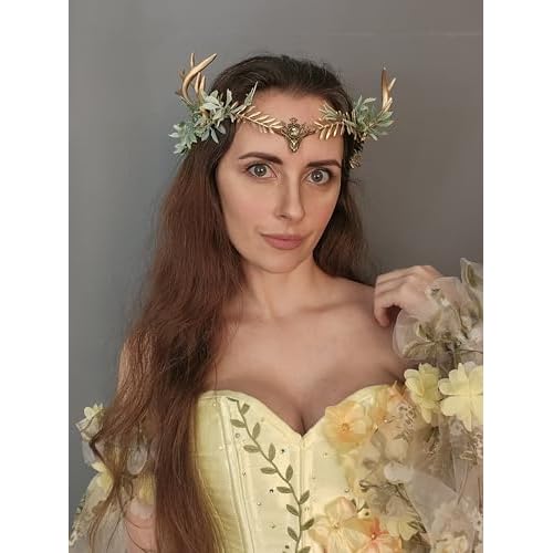 MOSTORY Woodland Gold Antler Crown - Forest Elf Headpiece Fairy Floral Circlet for Women Renaissance Fair Halloween Renfaire Cosplay Photo Shoot