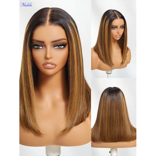 Nadula 13X4 HD Honey Brown Piano Highlight Bob Straight Drawstring Wig Human Hair - Pre Everything Glueless Ombre Bob Lace Front Wig with Ear Tape - Ready to Go Short Blunt Bob Wig 12inch