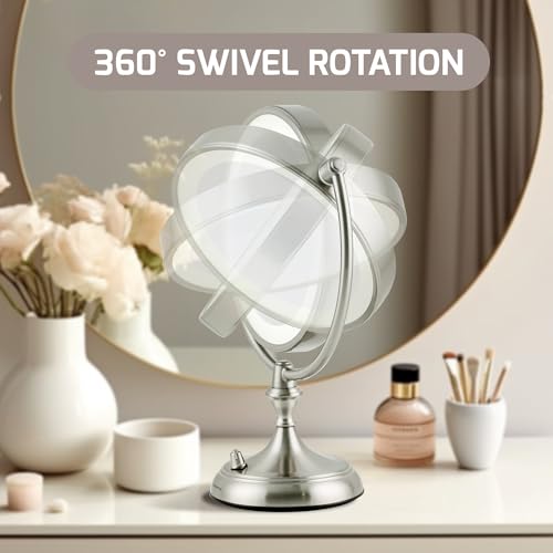 OVENTE 9" Lighted Tabletop Makeup Mirror with 1X/5X Magnification, Double-Sided Magnifying Vanity Mirror with Dimmable LED Lights, 360¡Æ Swivel Design and Dual Power Supply, Nickel Brushed MGT95BR1X5X