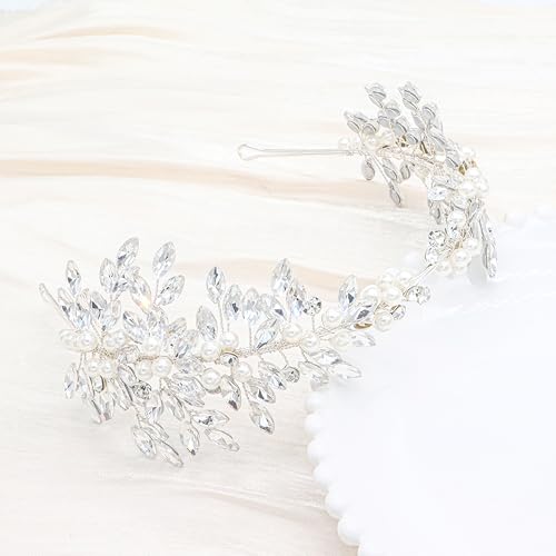 Oriamour Rhinestone Bridal Headband, Silver Wedding Headpiece for Bride, Wedding Hair Accessories for Brides Hair band For Women (Silver04, 14'')