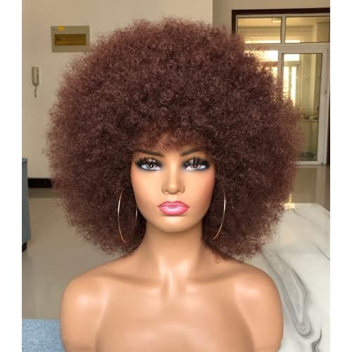 Short Afro Wig with Bangs for Black Women Afro Kinky Curly Wig 70s Premium Synthetic Big Afro Wigs(Red Brown)