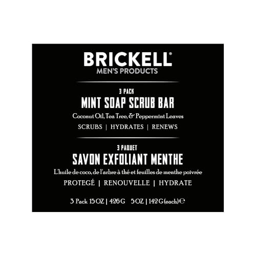 Brickell Men's Mint Soap Scrub Bar for Men (3 Pack), Natural and Organic Exfoliating Bar Soap Handmade with Tea Tree, Coconut and Peppermint Leaf Scent, 5 Ounce Bar (3 Pack)