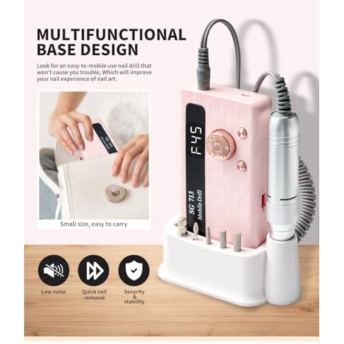 Electric Nail File Professional Kit - Professional 45000RPM Portable Nails Drills Kit with 11 Bits & Base LED Screen Cordless E Filer for Gel Acrylic Nails Remover Home Salon Manicure Pedicure Tools