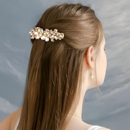Joez Wonderful Rhinestone Hair Clips, Bridal Hair Accessories for Women, Sparkly Crystal Hair Pins, Fancy Hair Barrettes for Wedding, Bride, Long Hair (Champagne Flower, 1 Pcs)