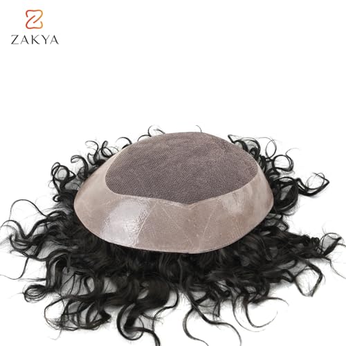 Zakya Hair System for Men Curly Real Human Hair 20mm Curly Mens Toupee 6 * 8in Hair System Replacement Toupee for Men