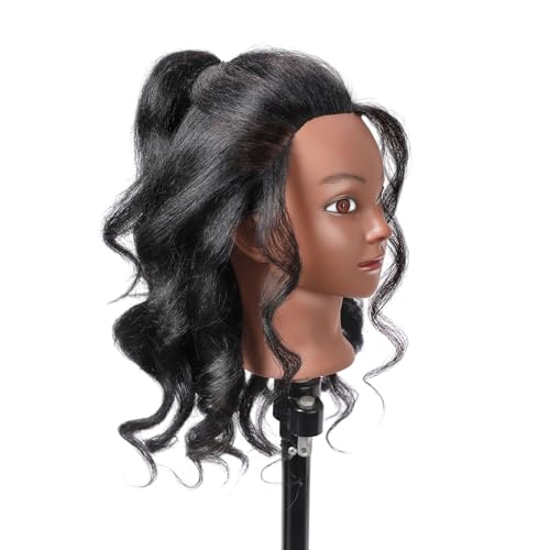 Mannequin Head with 100% Real Hair, 14" Cosmetology Mannequin Manikin Training Practice Doll Head for Hairdresser Braiding Hair Styling Hairdressing and Clamp Holder- Black