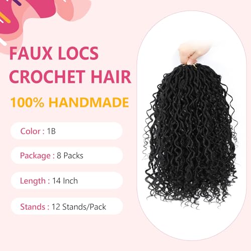 8 Packs Boho Faux Locs Crochet Hair Pre-looped 14 Inch Crochet Goddess Locs with Curly Ends for Black Women Black Boho River Locs Crochet Hair