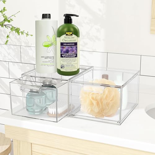 2 Pack Stackable Makeup Organizer and Storage, Acrylic Organizers£¬Clear Plastic Storage Drawer with Handles for Vanity, Undersink, Kitchen Cabinets, Pantry