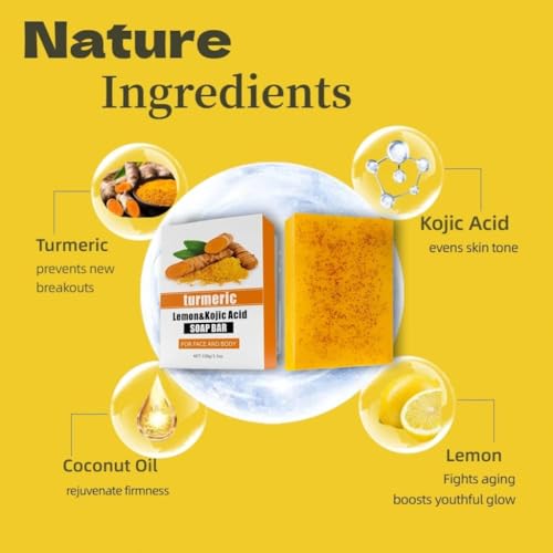 Lemon Turmeric & Kojic Acid Soap Bar For Dark Spot ? lightening Skin with Vitamin C - 3x Moisturizing with Shea Butter for Face / Body?Natural ingredien Glowing Soap for Oily & Dry Care - 3 Pcs