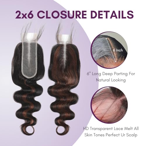 Brown Highlight 3 Bundles with 2x6 Closure Body Wave Human Hair 18 20 22+16 In, 12A Thick #F4/2 Dark Brown with Chestnut Highlight Human Hair Bundles and 2x6 Hd Lace Kim K Closure Long Deep Part