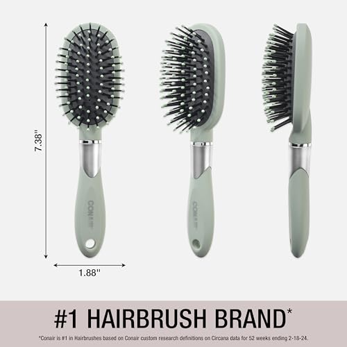 Conair Velvet Touch oval cushion hair brush - Travel Hairbrush- Detangling - ideal for curly or straight styles - detangler brushes - women or men - Sage Green