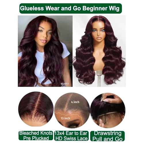 KLAIYI Black Cherry Loose Body Wave Pre Eeverything 13x4 Lace Frontal Wigs Human Hair Bye Bye Knots Glueless Ready to Wear and Go Wig with Face Framing Bangs Drawstring Pre Plucked Burgundy Wig 18Inch
