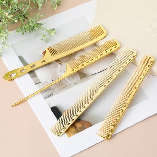 Professional Barber Aluminum Comb Set Metal Combs for Cutting Comb Hair Hairdressing Tail Comb (Golden)