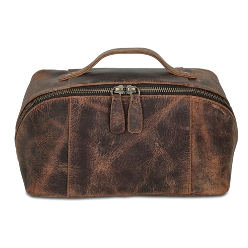 KomalC Luxury Leather Men¡¯s Toiletry Travel Bag ? Handmade Shaving Kit with Waterproof Interior, Spacious Storage & Carry Handle ? leather travel Kit Bag for Men & Women