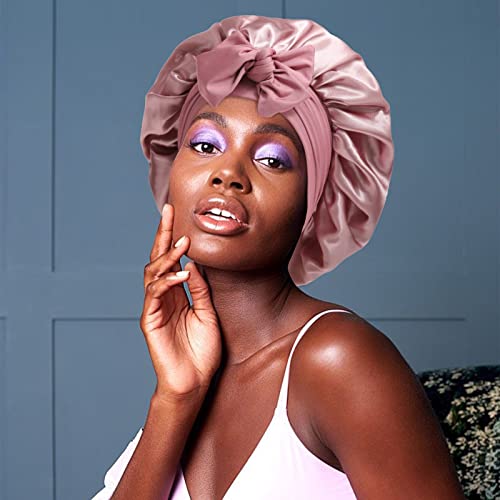 Satin Bonnet for Women - Tie Band Hair Bonnet Large 2 Layered Silk Sleeping Cap Nightcap with 3PCS Hair Scrunchies (Dust Rose)