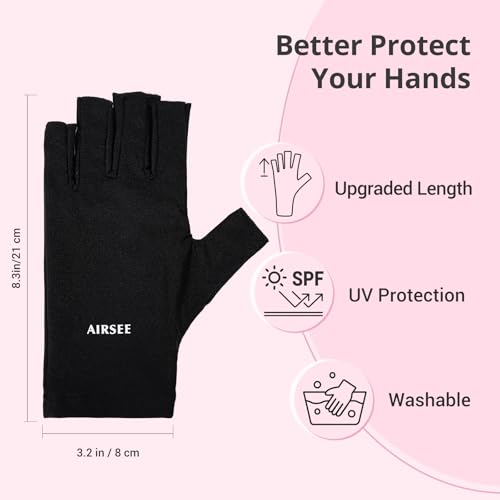 AIRSEE UV Gloves for Nail Lamp,Professional UPF50+ UV Protection Gloves for Manicures Nail Art,Fingerless Gloves That Shield Skin from The Sun and Nail Lamp (Black)