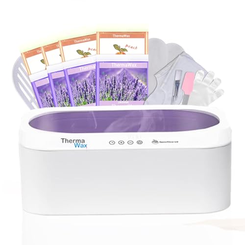 ThermaWax Paraffin Wax Machine | Auto Lid for Hands, Feet & Elbows |20-Minute Quick Melt |Precision Temperature Control | Includes 8 Refills(4-Peach, 4-Lavender),Cotton Gloves,Booties,Brush, & Spatula