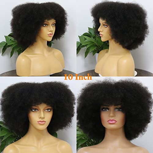 Short Bob Wig With Bangs Glueless Afro Kinky Mongolian Hair For Black Women Frizzy African Hair Remy Human Hair Wigs Full Machine Made Scalp Wig Fringe Unit Hair Replacement Unit 14 Inch