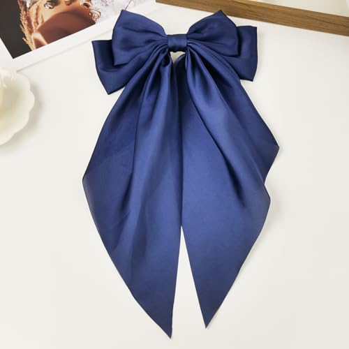 Large Navy Blue Satin Hair Bow Clip for Women Girls Oversized Long Tail Hair Accessory for Everyday Styling, 1-Pack