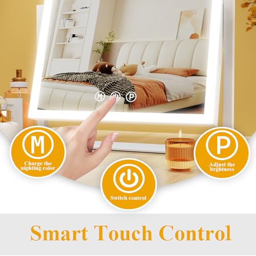Lighted Makeup Mirror, 17.3"x13" Hollywood Vanity Mirror with Led Lights, Three Color Lighting Modes, and 5X Magnification Mirror, Smart Touch Control, 360¡ÆRotation (White, Gift Box)