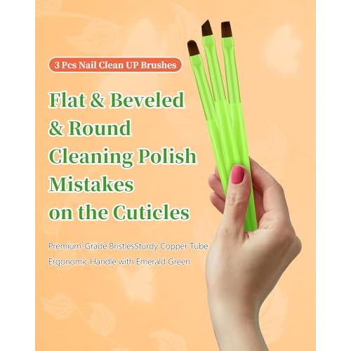 3PCS Nail Polish Clean Up Brush, Round&Falt&Angled Acetone Resistant Nail Brush for OPI Nail Polish Remover, Fingernail Cleaning Brushes at Home Nail Art and Designs(Bright Green)