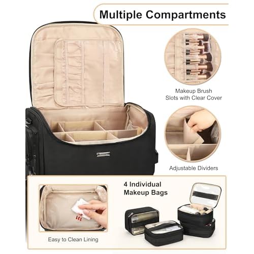 Relavel Rolling Makeup Train Case, Cosmetology Case on Wheels with 4 Clear Bags, Professional Makeup Artist Set Bags Cosmetic Storage Organizer with Adjustable Dividers, 360¡Æ Spinner Wheels, Black