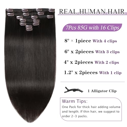 Clip in Hair Extensions Real Human Hair Dark Brown Hair Extensions Silky Straight Clip in Human Hair Extension Clip ins Remy Hair for Women 85g 7pcs 14 Inch