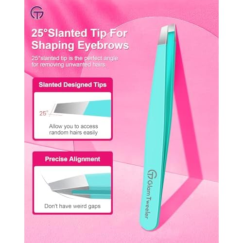 Expert Eyebrow Hair Removal Tweezer with Leather Case, GlamTweeler High Precision Slant Tip Stainless Steel Tweezers for Men and Women (Robin's Egg Blue)