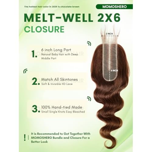 12A Chocolate Brown Bundles With Closure Human Hair Body Wave, Soft Glossy Wavy 100% Remy Hair Weaves Colored #4 Medium Dark Brown 3 Bundle and 2X6 HD Lace Closure Deep Part 14 16 18+14 inch