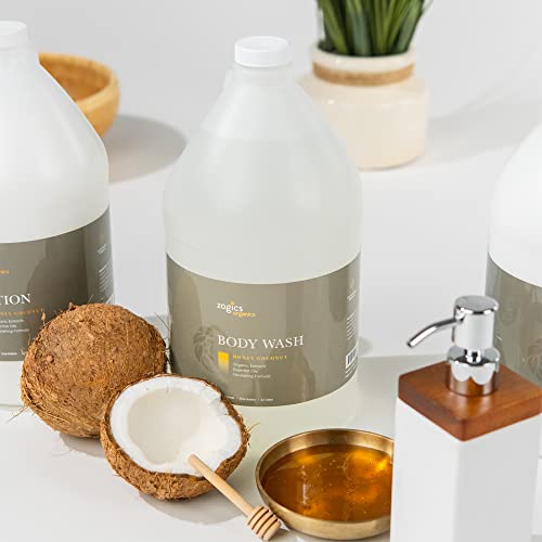 Zogics Organics Body Wash ? Moisturizing Body Wash for Men and Women, Plant-Based Formula Made with Essential Oils, Great as Body Wash Refill in Facilities, Honey Coconut Scent (4 Gallons/Case)