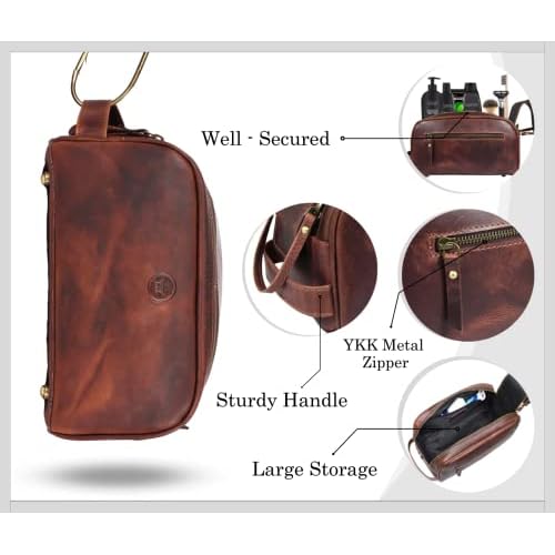 Leather Toiletry Bag for Men | Grooming Travel Kit | With Waterproof Lining | By Aaron Leather (Dark Brown)