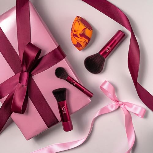 Real Techniques Blend + Jet Set Travel Makeup Brush & Sponge Set, 4 Piece Mini Holiday Gift Set for Foundation, Blush & Setting Powder, Compact & Travel Friendly, Cruelty-Free & Vegan