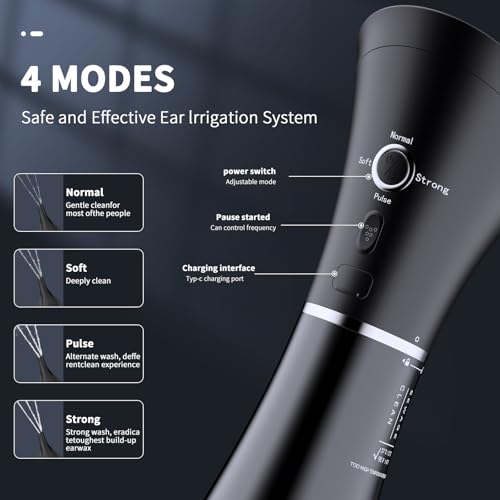 Ear Wax Removal Kit,Ear Cleaner, Electric Ear Cleaning Kit, 2in1 Water Tank, 4 Pressure Settings - Ear Irrigation Flushing System With Water Temperture Sensor,Ear Syringe Kit Tools for Ear Clean,Black