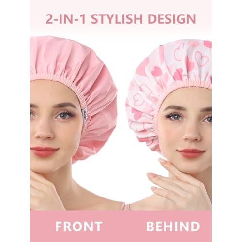 Years Calm Shower Caps For Women Reusable Waterproof£¬Pattern And Solid Color Dual-Layer Design For Dual-Layer Usable£¬Protects Hair In Shower, Spa, Cooking, Clean & Travel (Pink, One Size)