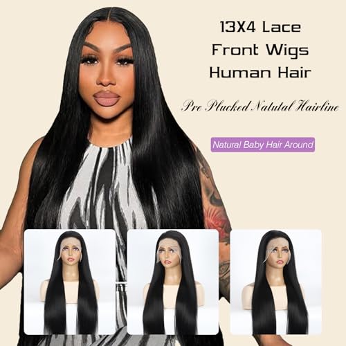 Beauty Queen 13x4 Lace Front Wigs Human Hair Straight 16 Inch Human Hair Wig Pre Plucked 220 Density HD Lace Frontal 16A Real Remy Human Short Hair Glueless Wigs for Women Natural Black Color