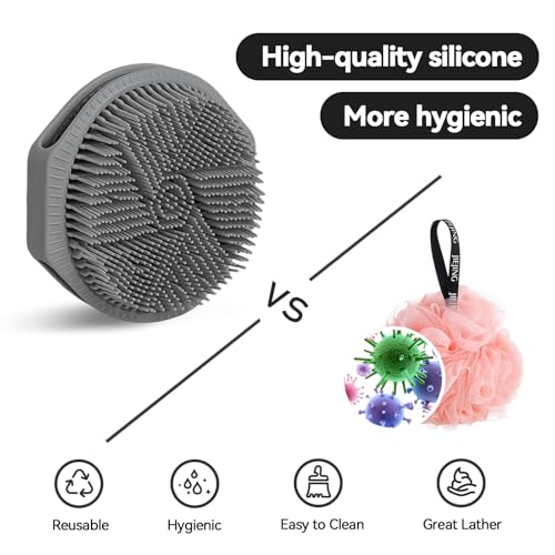 2-Pack Soft Silicone Dual-Sided Body Scrubber & Loofah | Gentle Exfoliating Shower Brush for Men & Women | Creates Rich Lather, Easy to Clean (Gray & Purple)