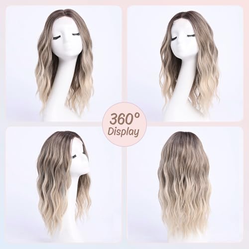 Ombre Blonde Ash Wavy Wigs Human Hair Medium Length for Women Natural Looking Heat Resistant Dark Roots for Party Daily Use (Blonde,18 Inch)