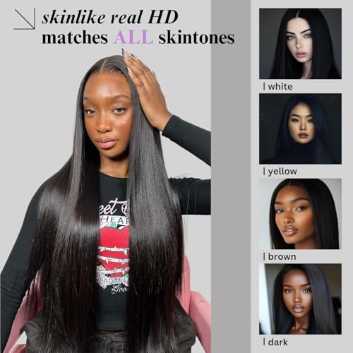 13x6 Skinlike Real HD Lace Frontal Only Straight Ultra Thin Invisible Lace Virgin Human Hair Front Pre Plucked Natural Hairline Sew In Frontal Closure Piece 16 Inch Natural Black
