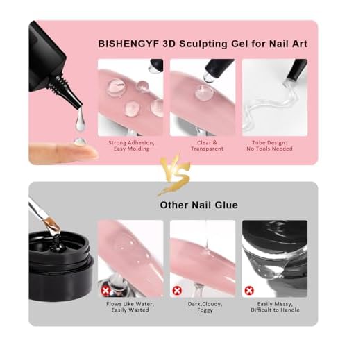3D Nail Gel and Chrome Nail Powder BISHENGYF - 15g No Wipe 3D Sculpting with Rose Gold Chrome Powder Clear Non-Sticky Sculpting Gel for Home Art DIY