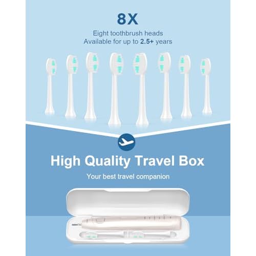 Operan Electric Toothbrush for Adults and Kids Rechargeable Sonic Toothbrush with 5 Modes 2-Min Smart Timer IPX7 Waterproof 40,000 VPM Motor with 8 Brush Heads & Travel Case (Champagne, 1Pack)