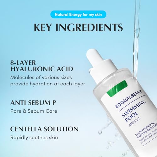 EQQUALBERRY Swimming Pool Ampoule - Hyaluronic Acid Serum for Glass Skin | Deep Hydration and Soothing with CICA Extracts | Korean Skin Care Serum, 1.69 Fl. Oz. 50ml