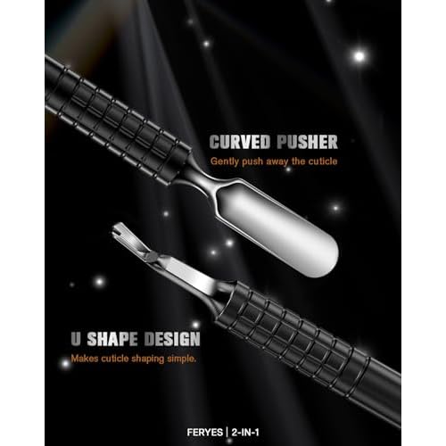 FERYES Cuticle Pusher with Fork, 2-in-1 Cuticle Remover Tool, Upgraded Stainless Steel Cuticle Trimmer Nail Care Tool for Manicures- Black(5.8 Inches£©